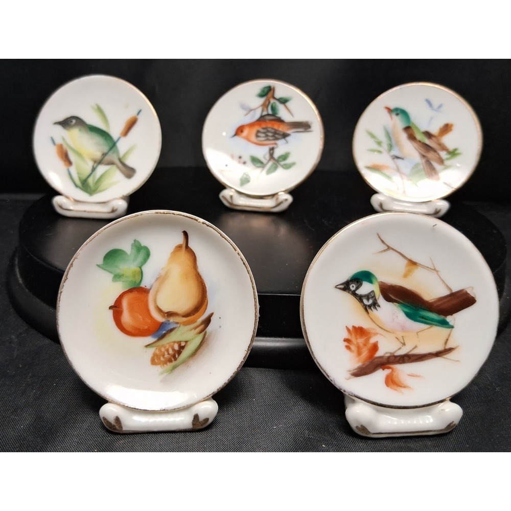Set of 5 Vintage Hand-Painted Miniature Bird & Fruit Decorative Plates 2"plates